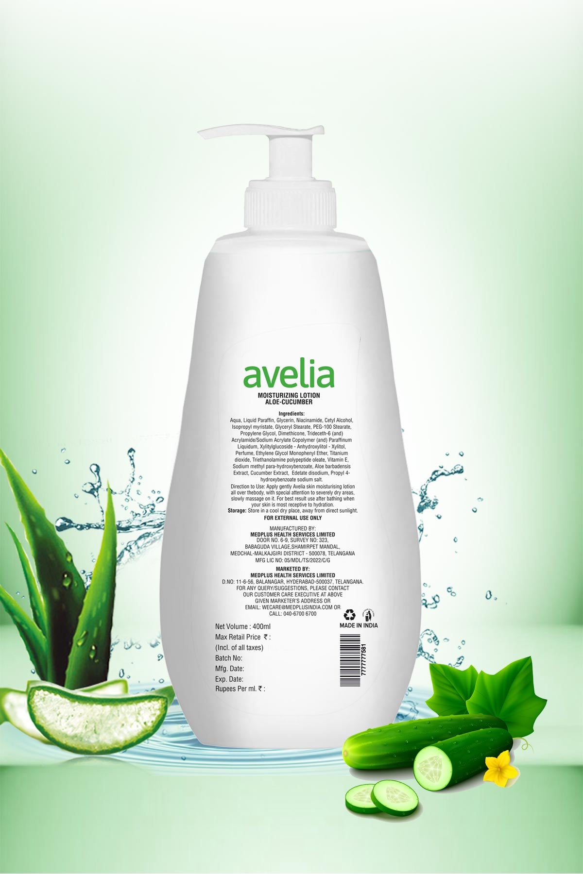 Avelia Aloe Vera  Moisturizing Lotion - Cucumber (400ml)