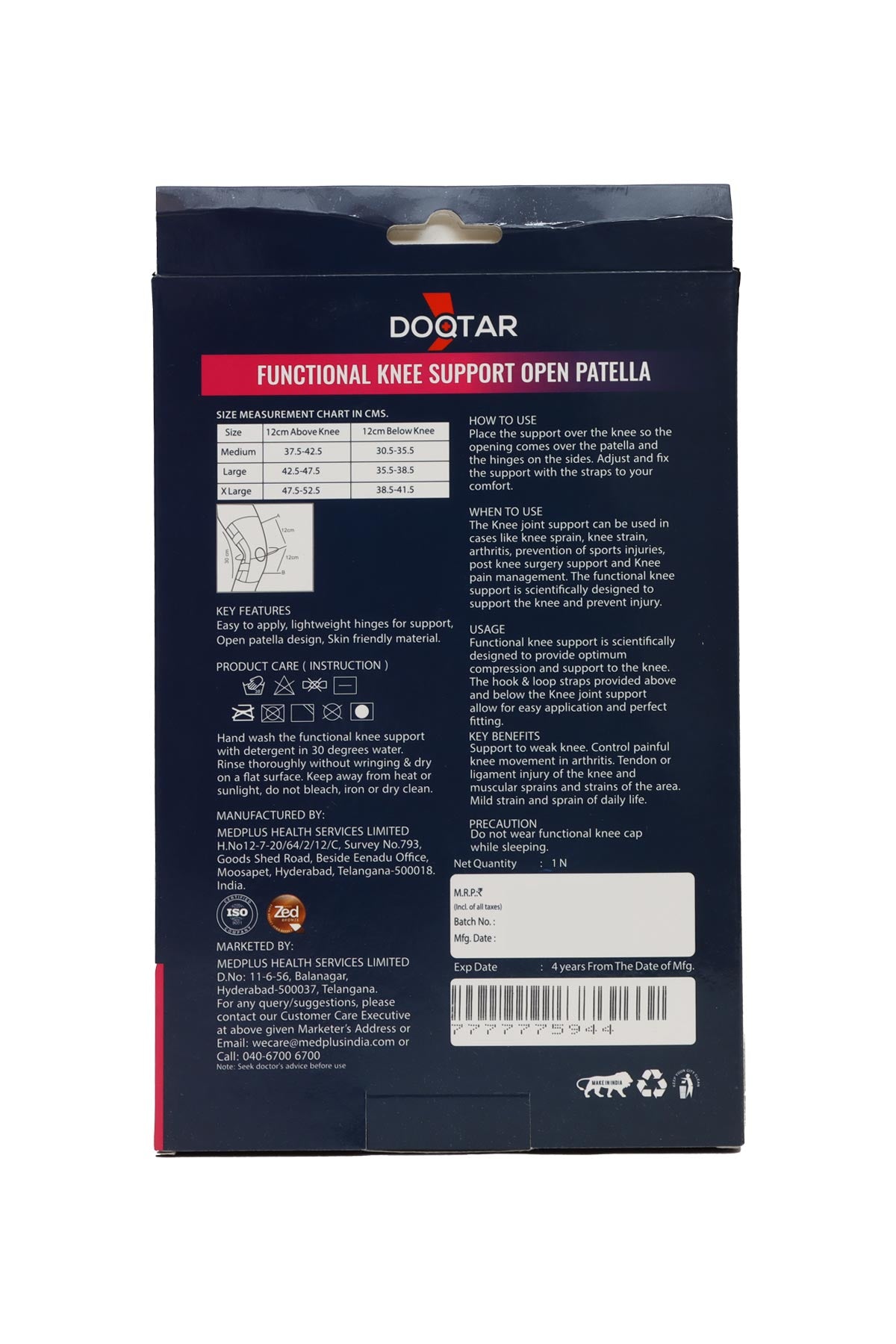 Doqtar Functional Knee Cap Support Grey XL